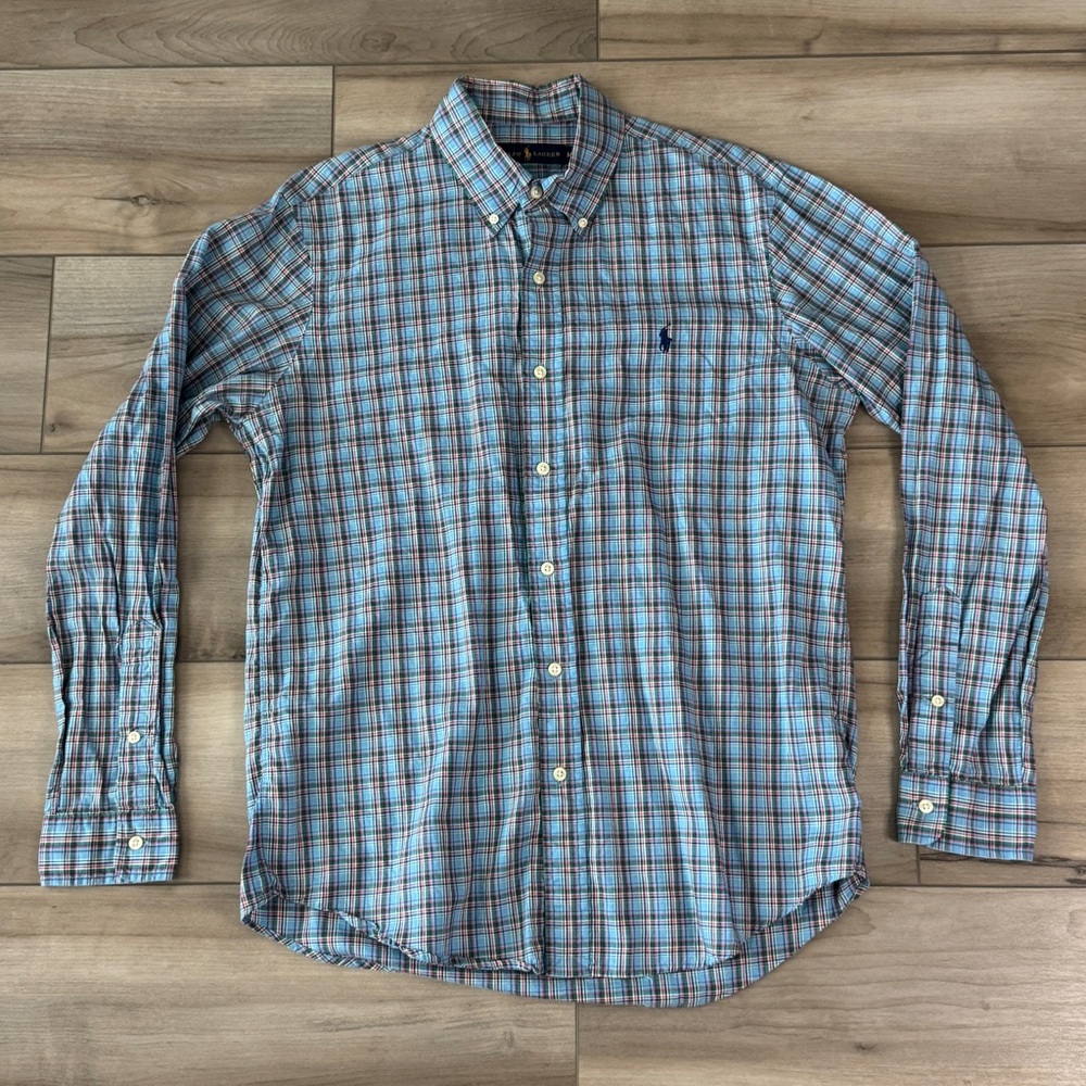 Ralph Lauren Men's Light Blue w/ Red & Green Plaid Button Down Shirt Medium